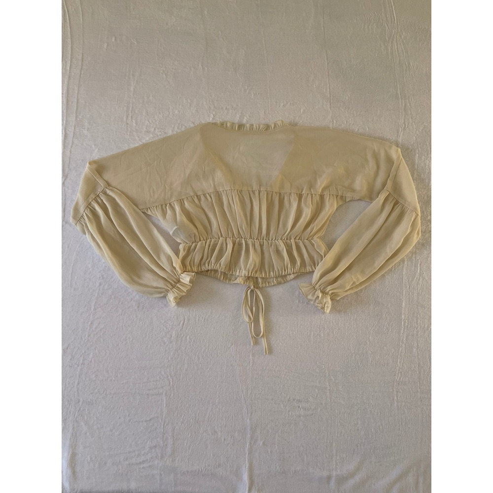 Forever 21 Cream Chiffon Ruffle V-Neck Cropped Blouse Balloon Sleeve Small - Picture 2 of 12